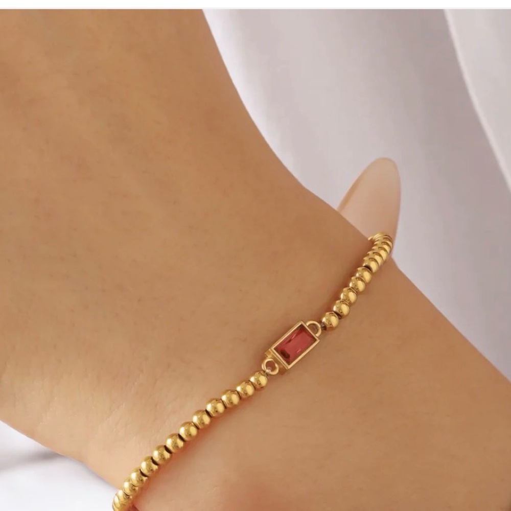 Gold Beaded Bracelet with January Birthstone Red - Picture 2 of 2